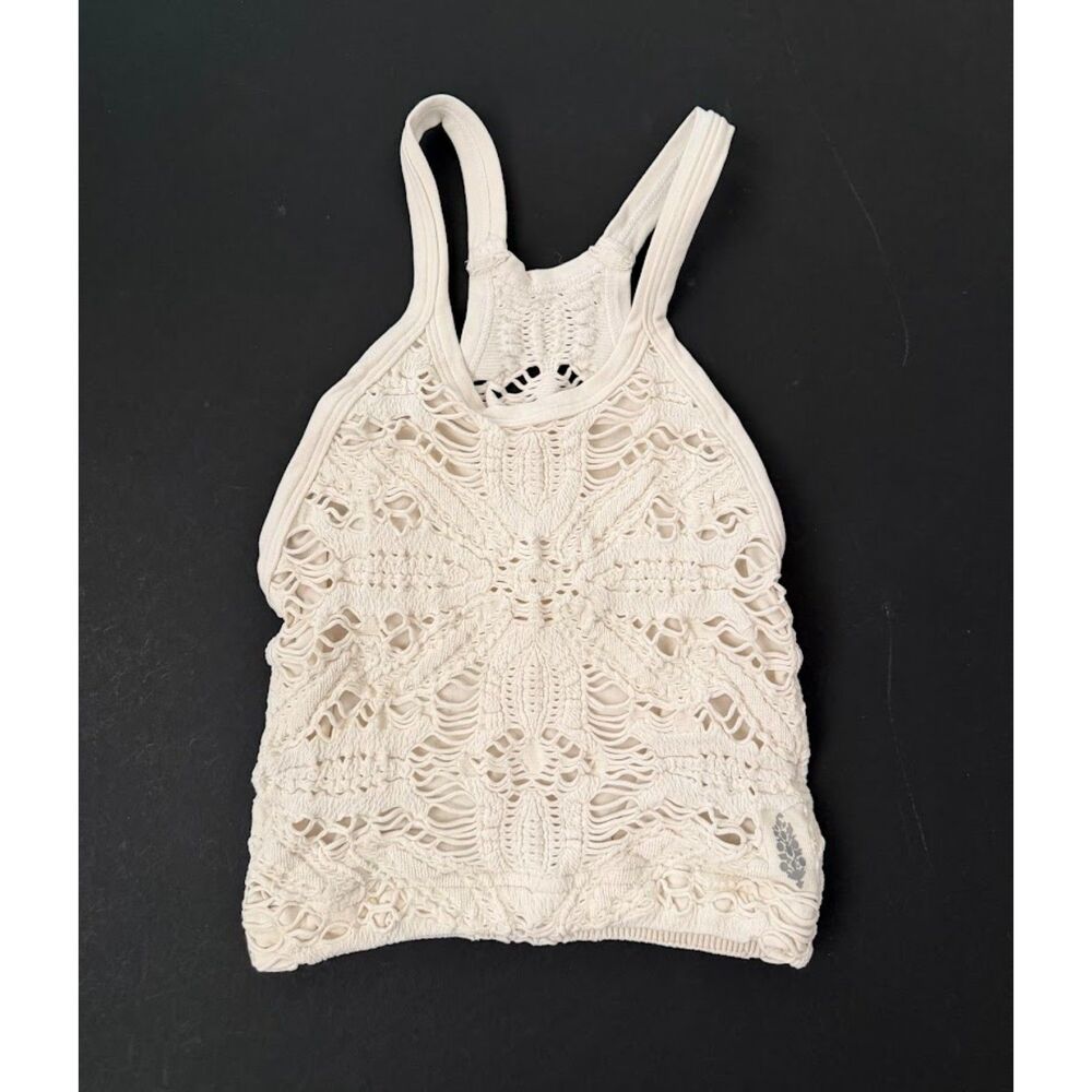 Free People FP Movement XS S ivory tank Happiness Runs floral crop top shirt - Picture 3 of 9
